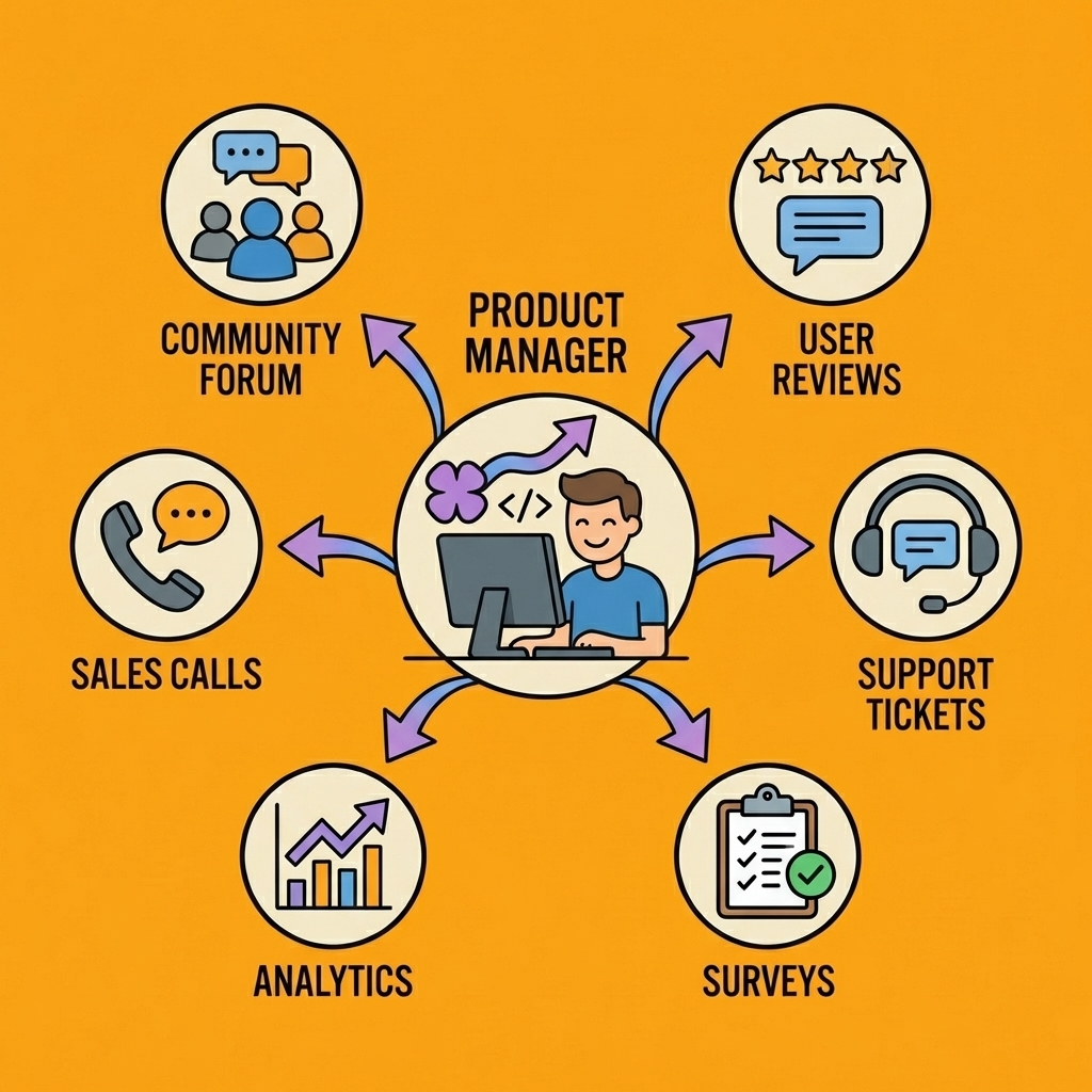 Central product manager icon connected to six different feedback channels